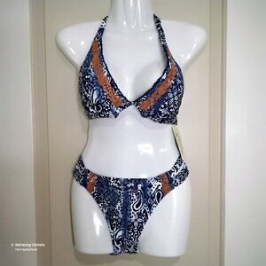 Lucky Brand Co Blue & White Padded Halter Tie Bikini Set Brown Embroidery NWT M